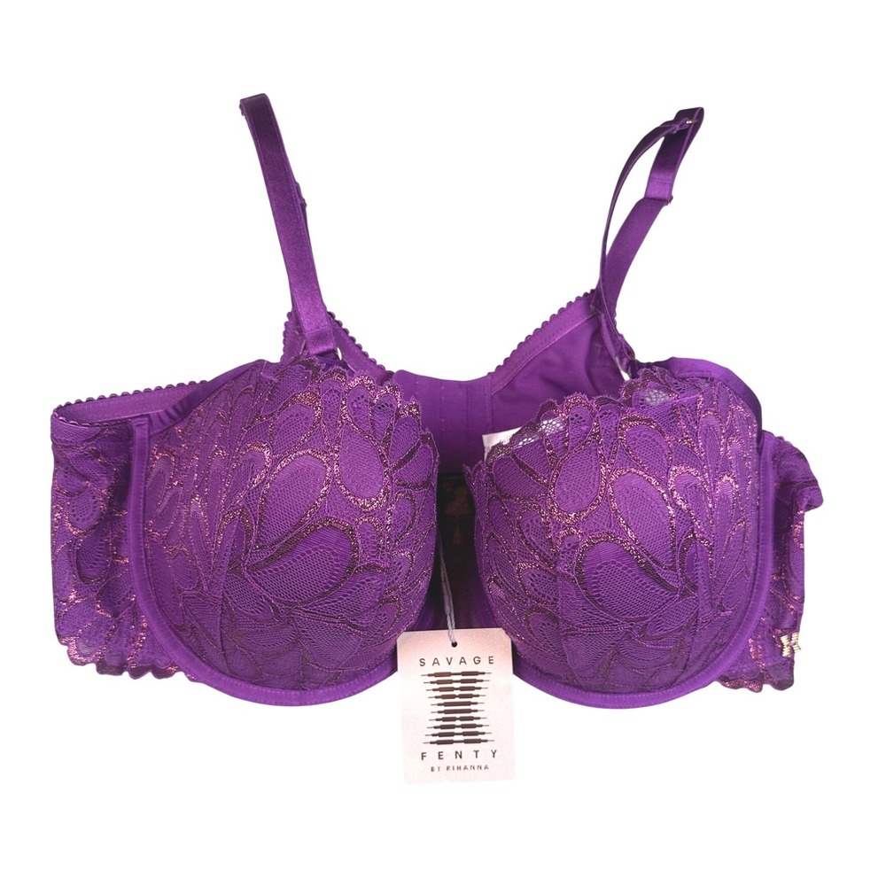 Savage X Fenty Not Sorry Bra 42D Purple Metallic Lace Balconette NWT Plus Size